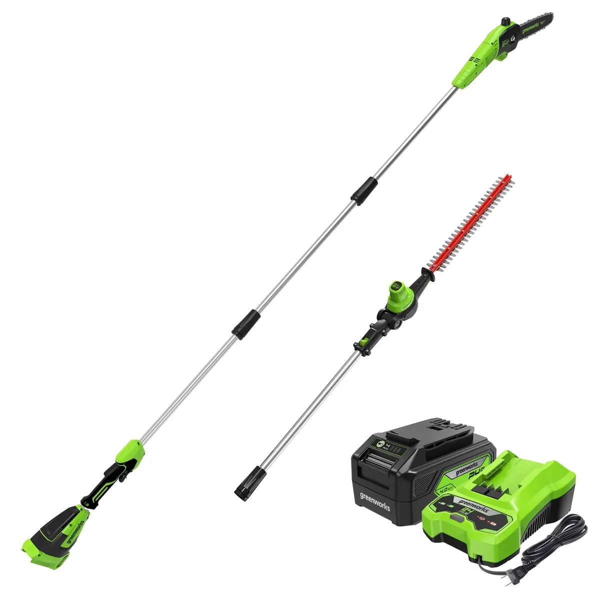 24V 10" Cordless Battery Polesaw And Pole Hedge Trimmer Combo Kit, 4Ah Usb Battery And Charger 1