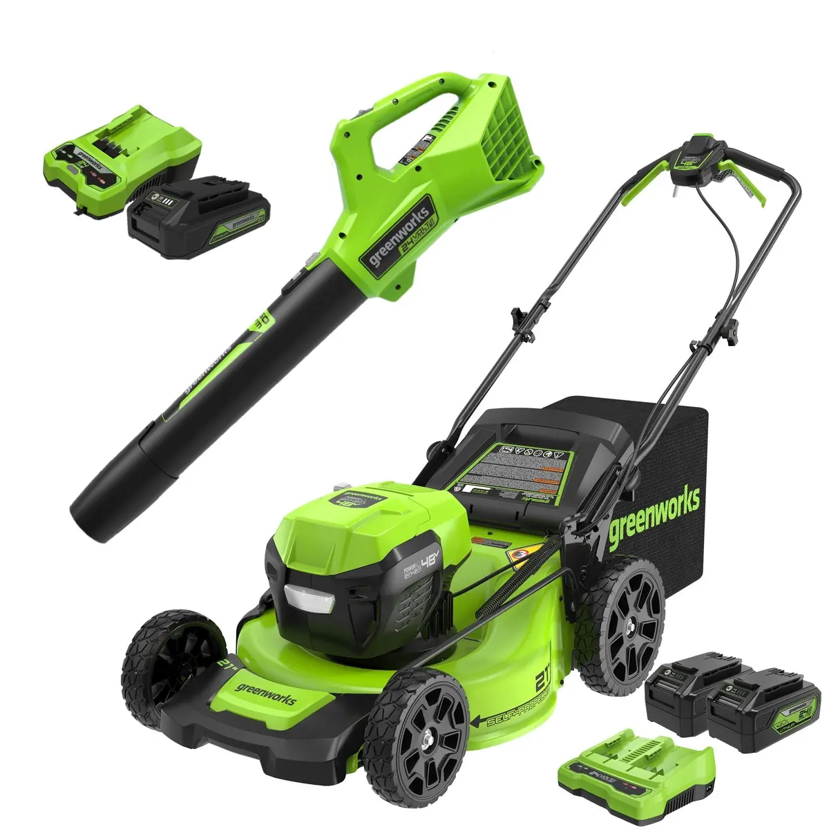 48V (24V X 2) 21" Cordless Battery Self-Propelled Mower & Blower Combo Kit W/ (3) Batteries & Chargers 1