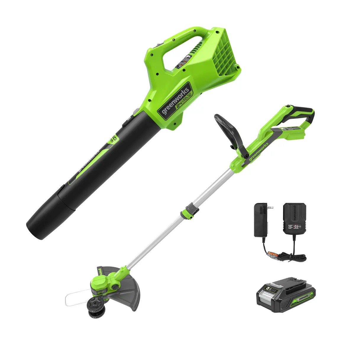 24V 12" Cordless Battery String Trimmer And 320 Cfm Blower Combo Kit: 2.0 Ah Battery And Charger 1
