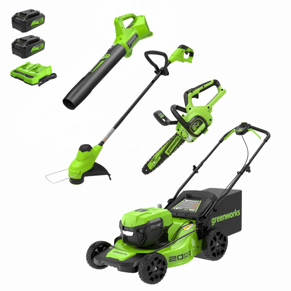 48V (24V X 2) 20" Cordless Battery Push Mower 4Pc Combo Kit: (2) 4.0 Ah Batteries And Dual-Port Chargers 1