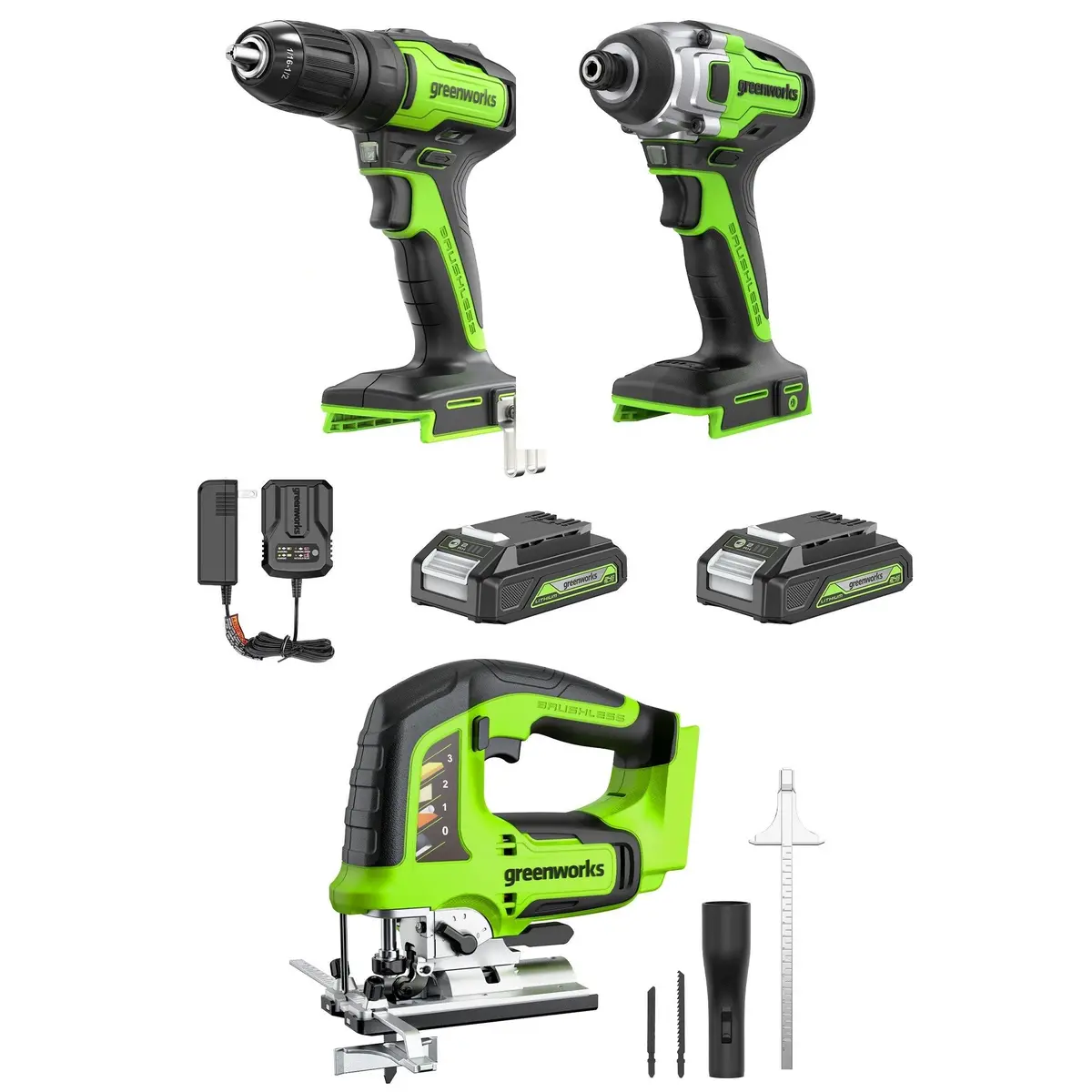 24V Cordless Battery Drill, Impact Driver And Jig Saw 3Pc Combo Kit: (2) 2.0 Ah Batteries And Charger 1