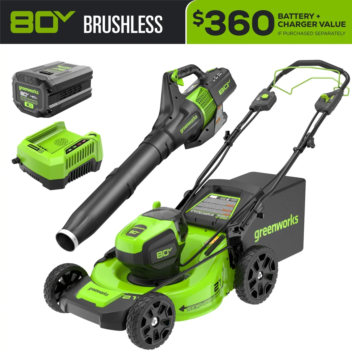80V 21" Cordless Battery Self-Propelled Mower And Blower: 4.0 Ah Battery And Rapid Charger 1