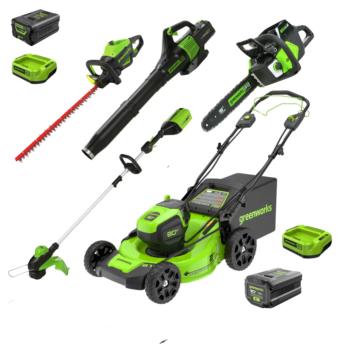 80V 21" Self-Propelled Mower 5Pc Combo Kit, (1) 4Ah Battery, (1) 2Ah Battery And (2) Chargers 1