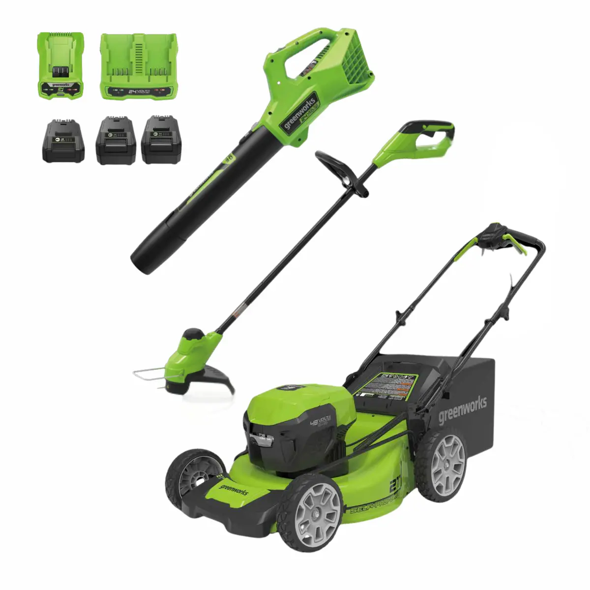 Open Box 48V (24V X 2) 21" Cordless Battery Self-Propelled Mower 3Pc Combo Kit: (2) 5.0Ah Batteries,(1) 2.0 Ah Battery,(1) Dual-Port Rapid Charger And (1) Charger 1