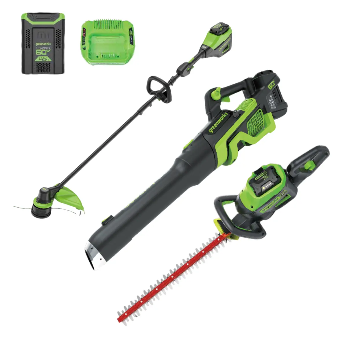 60V Cordless Battery 3Pc Handheld Combo Kit, String Trimmer, Blower And Hedge Trimmer, (1) 2.5 Ah Battery And Charger 1