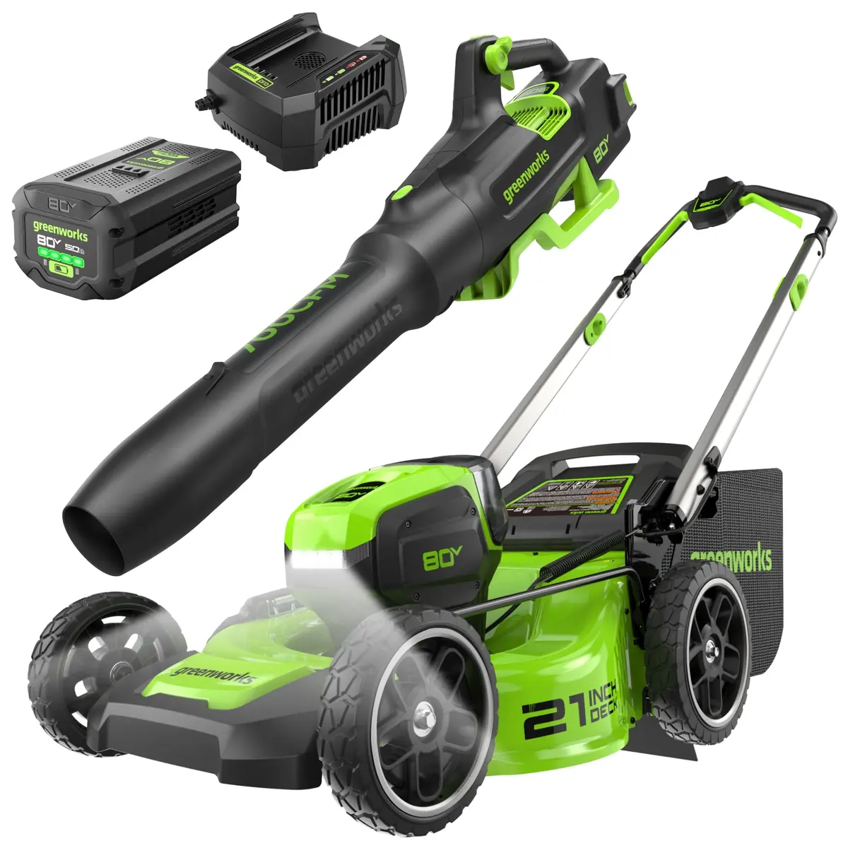 80V 21" Cordless Battery 4-In-1 Push Lawn Mower And 700Cfm Blower Combo Kit: 5.0 Ah Battery And 6A Charger 1