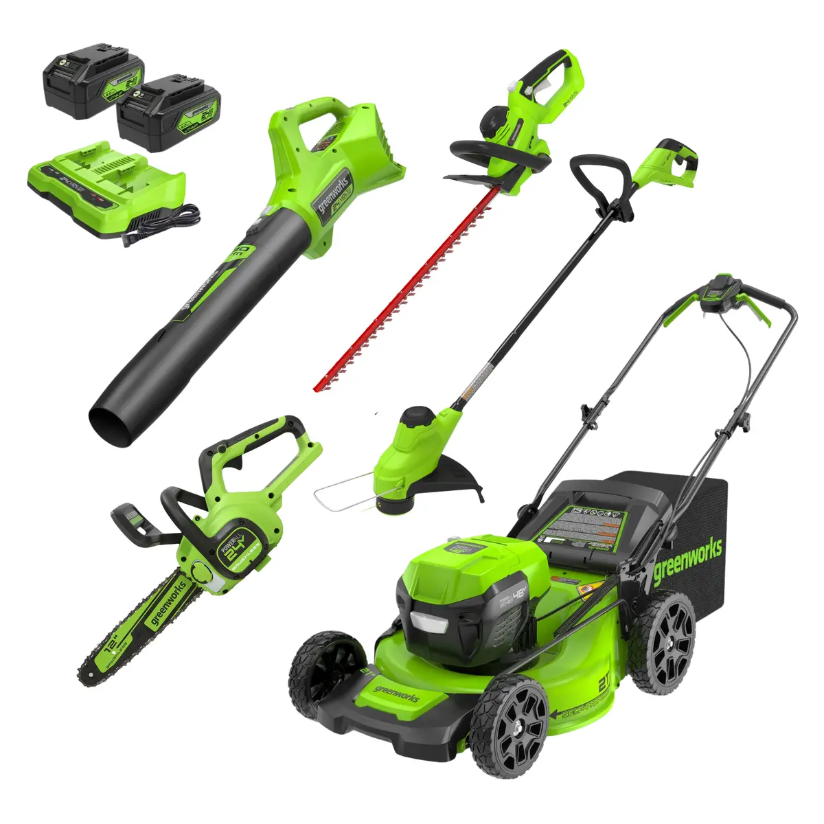 48V (24V X 2) 21" Cordless Battery Self-Propelled Mower 5Pc Combo Kit: (2) 5.0Ah Batteries And Chargers 1