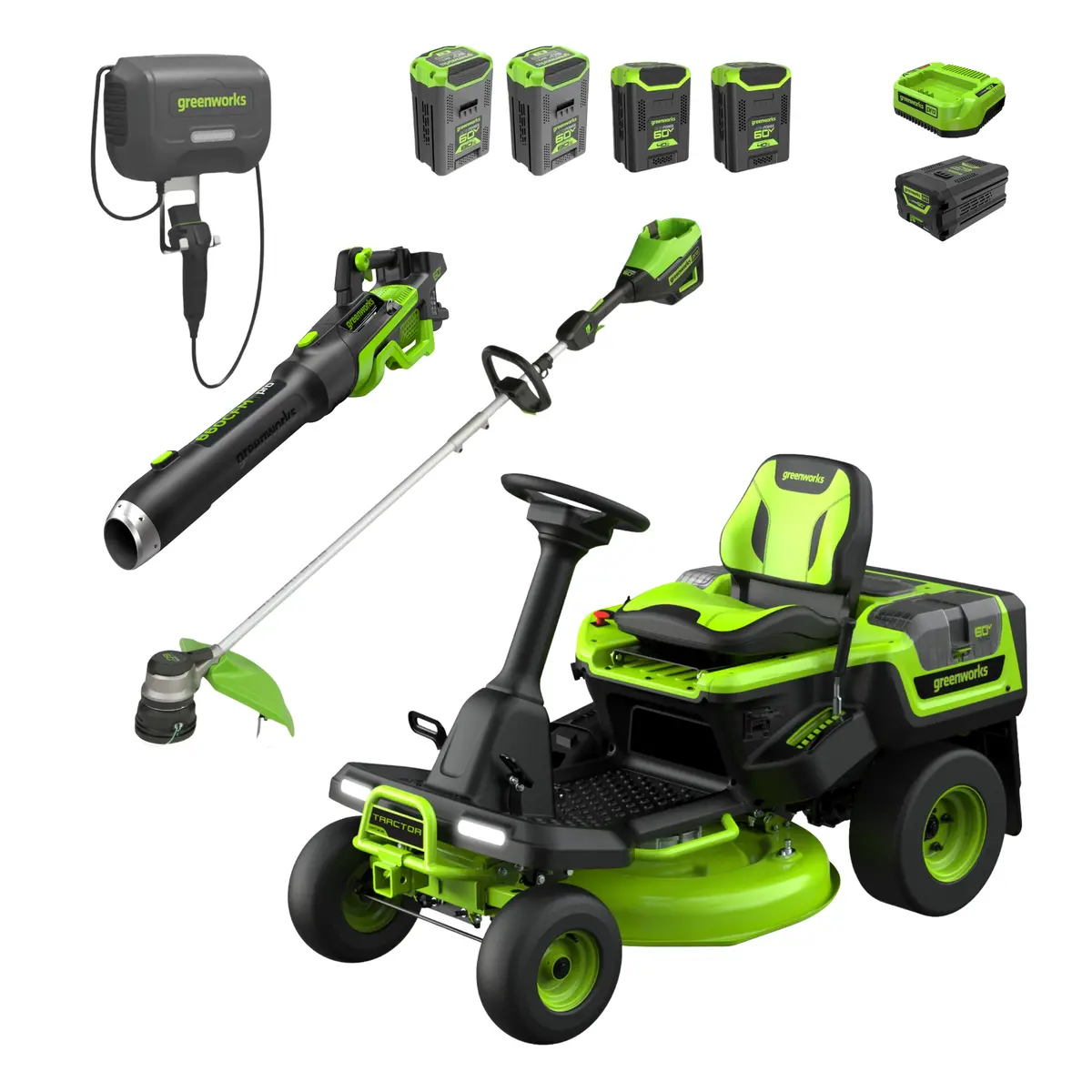 60V 30" Crossovert Riding Lawn Tractor 3Pc Combo Kit, Two 8.0 Ah Batteries, Two 4.0 Ah Batteries, One 2.5 Ah Battery And Two Chargers 1