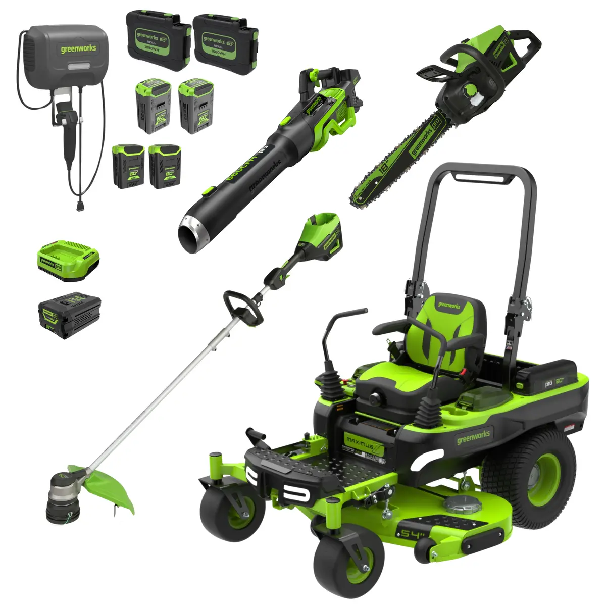 60V 54" Maximusz Zero Turn Riding Mower 4Pc Combo Kit With (2) 20.0 Ah: (2) 8.0 Ah: (2) 4.0 Ah And (1)2.5 Ah Batteries And (2) Charger 1