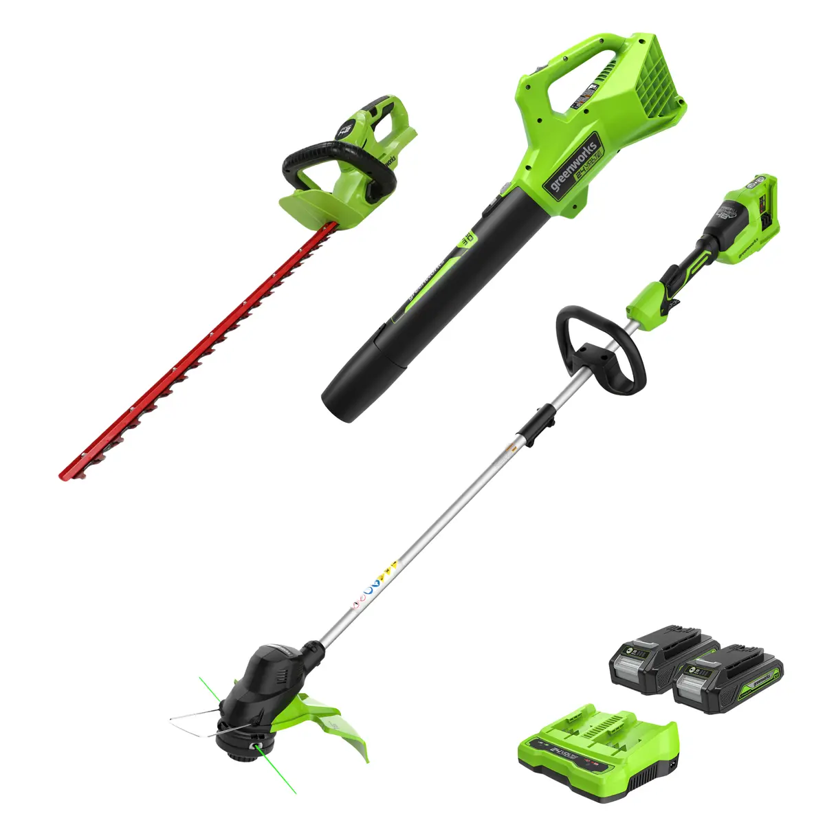 48V (24V X 2) 15" Cordless Battery Torqdrive String Trimmer Combo Kit, 24V 320 Cfm Blower And 24V 22" Hedge Trimmer: (2) 2.0 Ah Usb Batteries And Charger 1