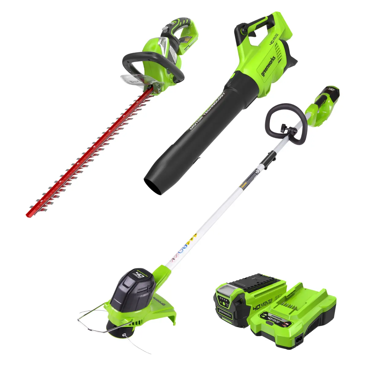 40V 12" Cordless Battery String Trimmer, 550 Cfm Blower And 24" Hedge Trimmer Combo Kit: 2.0 Ah Battery And Charger 1