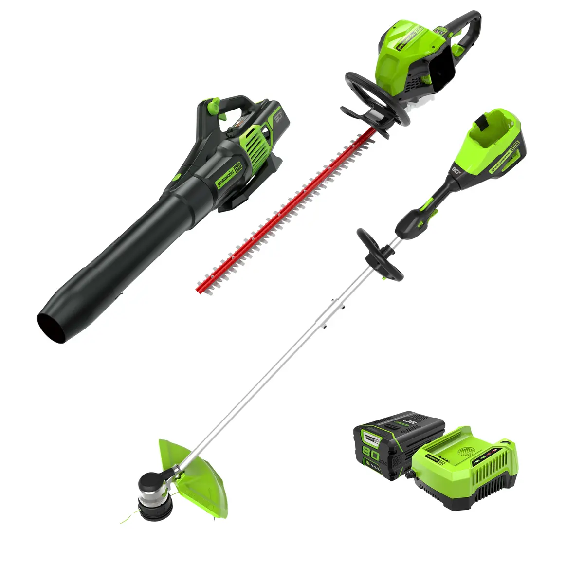 80V 16" Cordless Battery String Trimmer, 730 Cfm Blower And 26" Hedge Trimmer Combo Kit: 2.0 Ah Battery And Charger 1