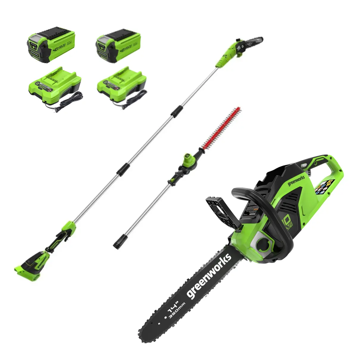 40V 14" Cordless Battery 1.0 Kw Chainsaw And 10" Pole Saw And Hedge Trimmer Attachment: (2) 2.5 Ah Battery And (2) Chargers 1
