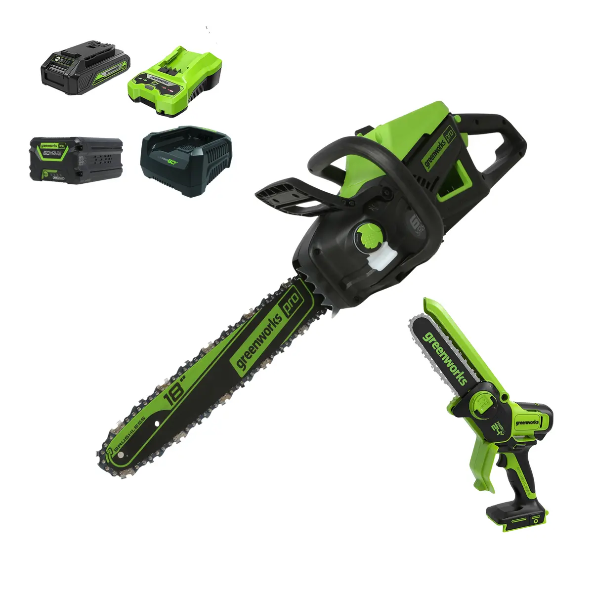60V 18" Cordless Battery 2.0 Kw Chainsaw And 24V 6" Pruner Saw, (1) 4.0 Ah Battery: (1) 2.0 Ah Battery And (2) Chargers 1