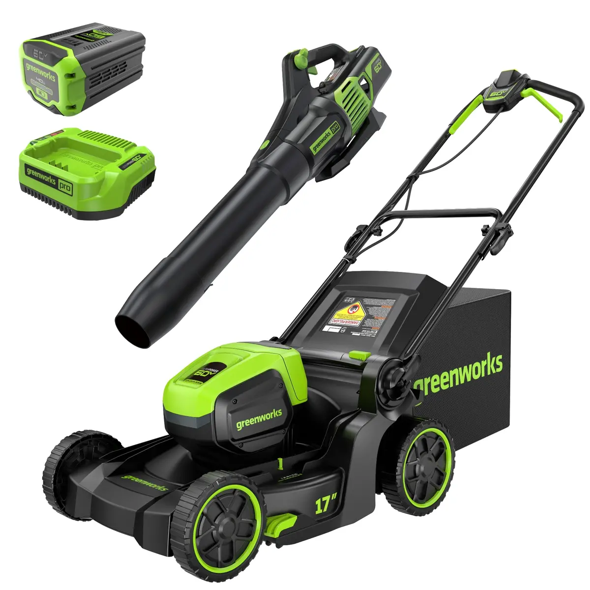 60V 17" Cordless Battery Push Lawn Mower And 610 Cfm Jet Blower Combo Kit: 4.0 Ah Battery And Charger 1