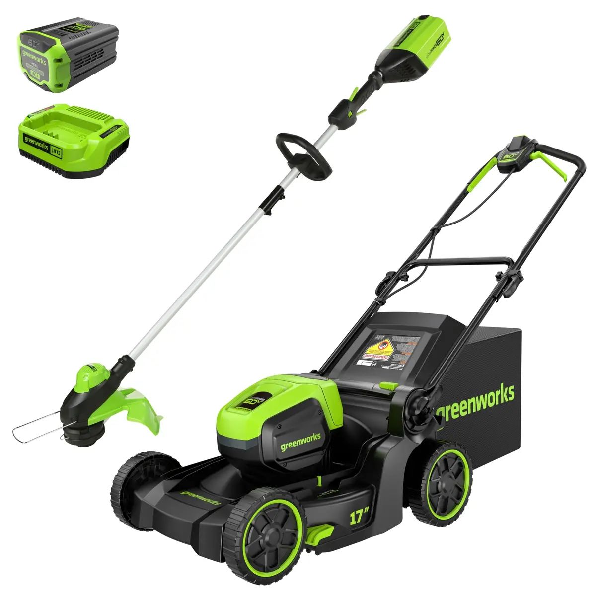 60V 17" Cordless Battery Push Lawn Mower And 13" String Trimmer Combo Kit: 4.0 Ah Battery And Charger 1