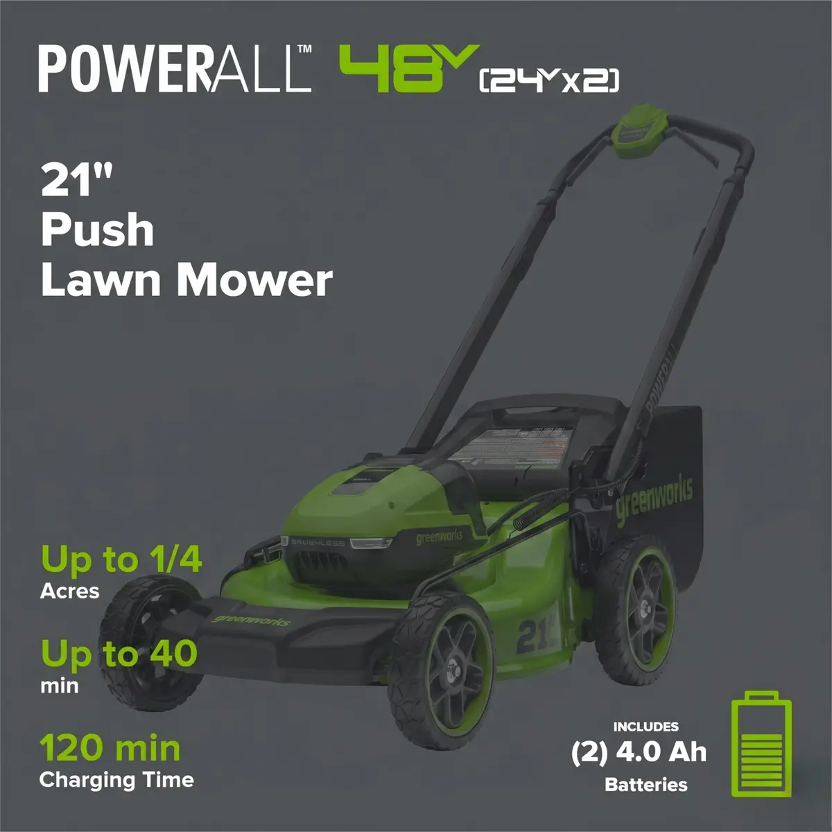 48V (24V X 2) 21" Cordless Battery Push Mower 3Pc Combo Kit W/ (4) 4.0Ah High Power Batteries & (2) Dual Port Chargers 2