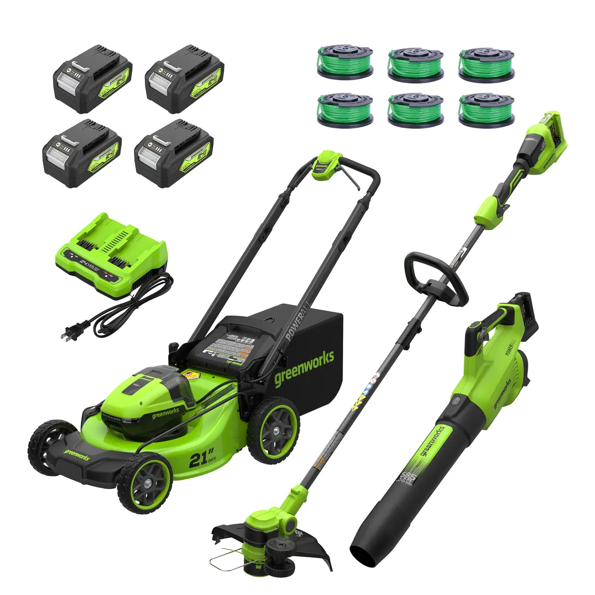 48V (24V X 2) 21" Cordless Battery Push Mower 3Pc Combo Kit W/ (4) 4.0Ah High Power Batteries & (2) Dual Port Chargers 1