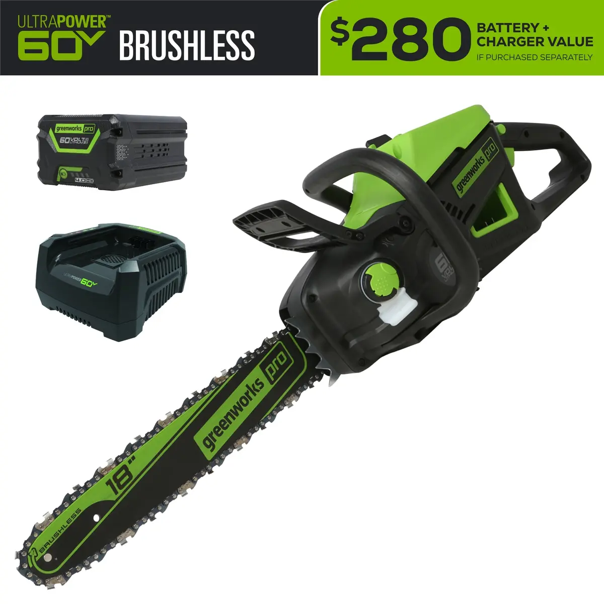 60V 18" Cordless Battery 2.0Kw Chainsaw W/ 4.0 Ah Battery & Charger 1