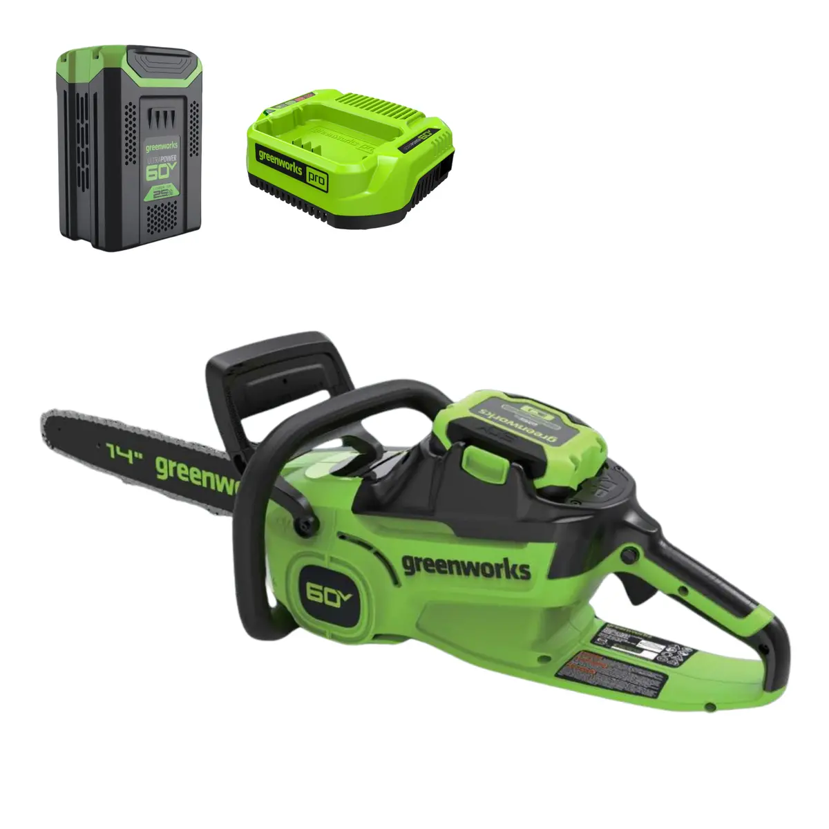 60V 14" Cordless Battery 1.2Kw Chainsaw: 2.5 Ah Battery And 3A Charger 1