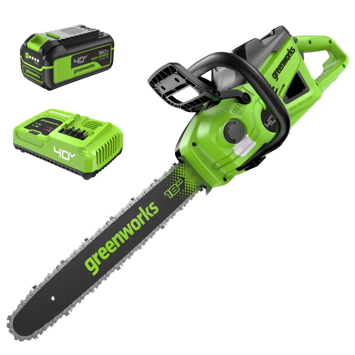 40V 18" Cordless Battery 2.0 Kw Chainsaw: 5.0 Ah Battery And 5A Charger 1