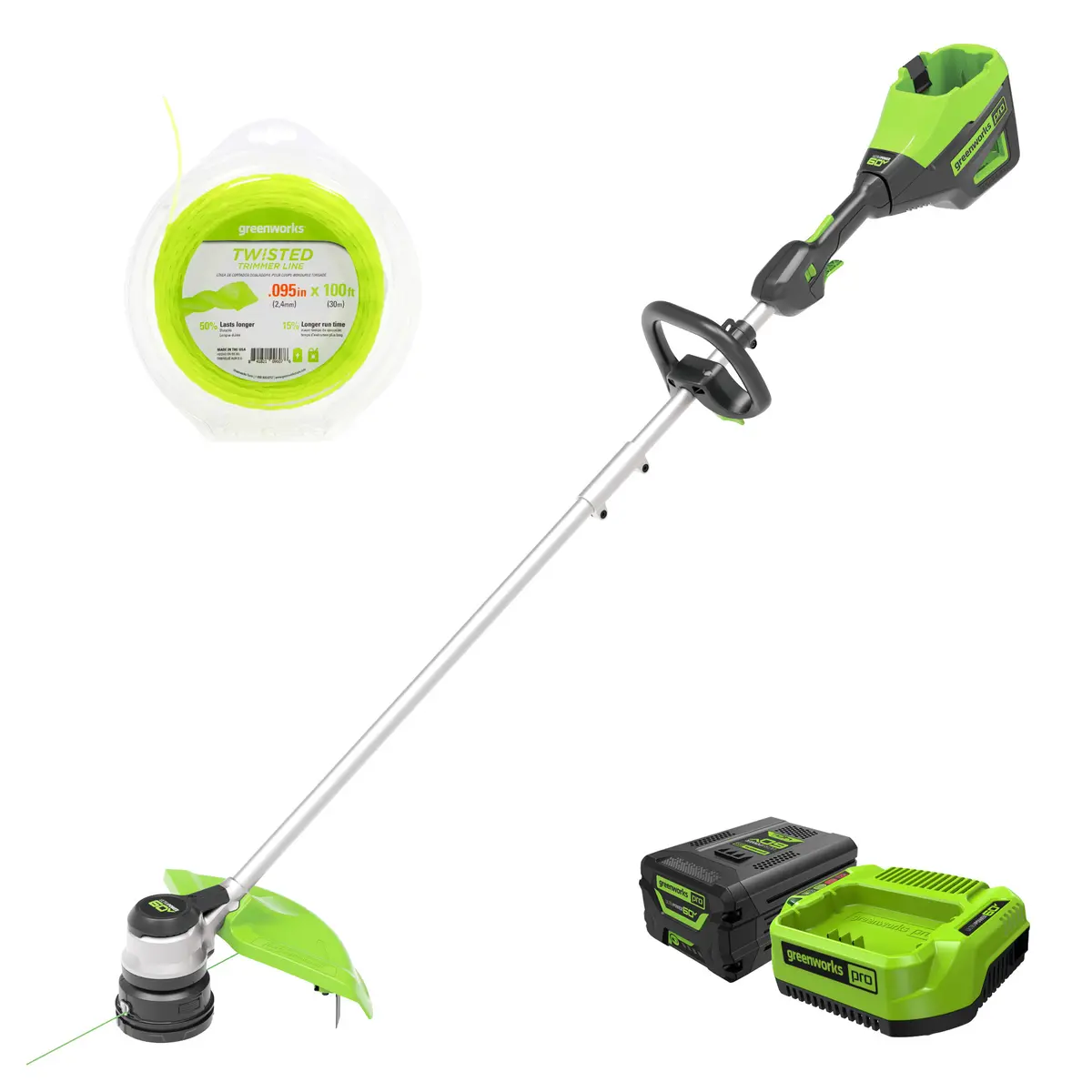 60V 16" Cordless Battery String Trimmer And 0.095 String Trimmer Line Combo Kit: 2.5 Ah Battery And Charger 1