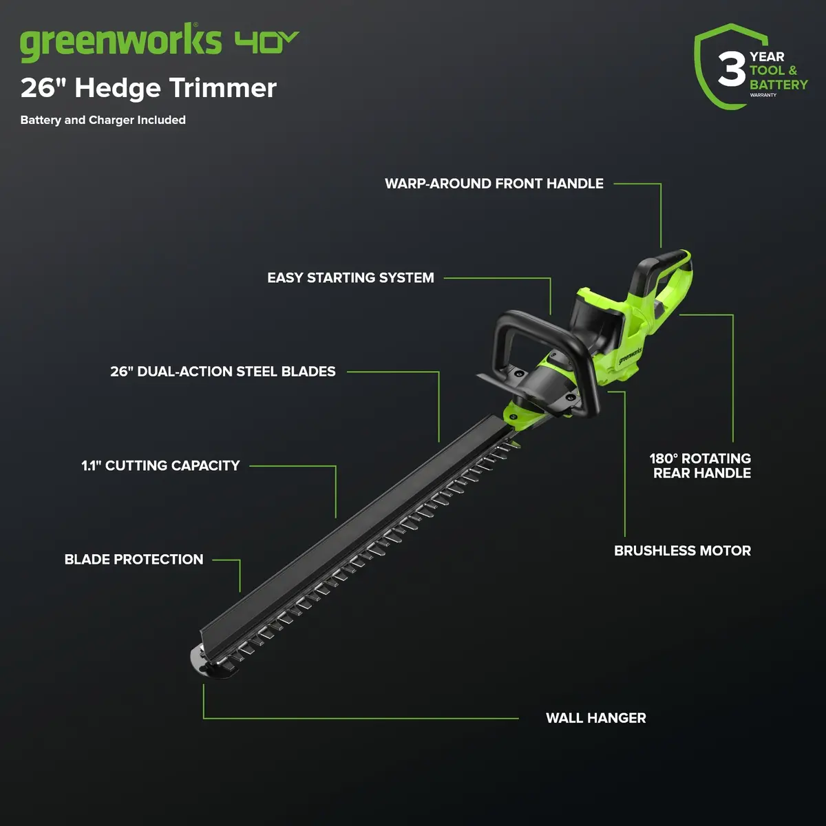 40V 26" Cordless Battery Hedge Trimmer: 2.0 Ah Battery And Charger 2