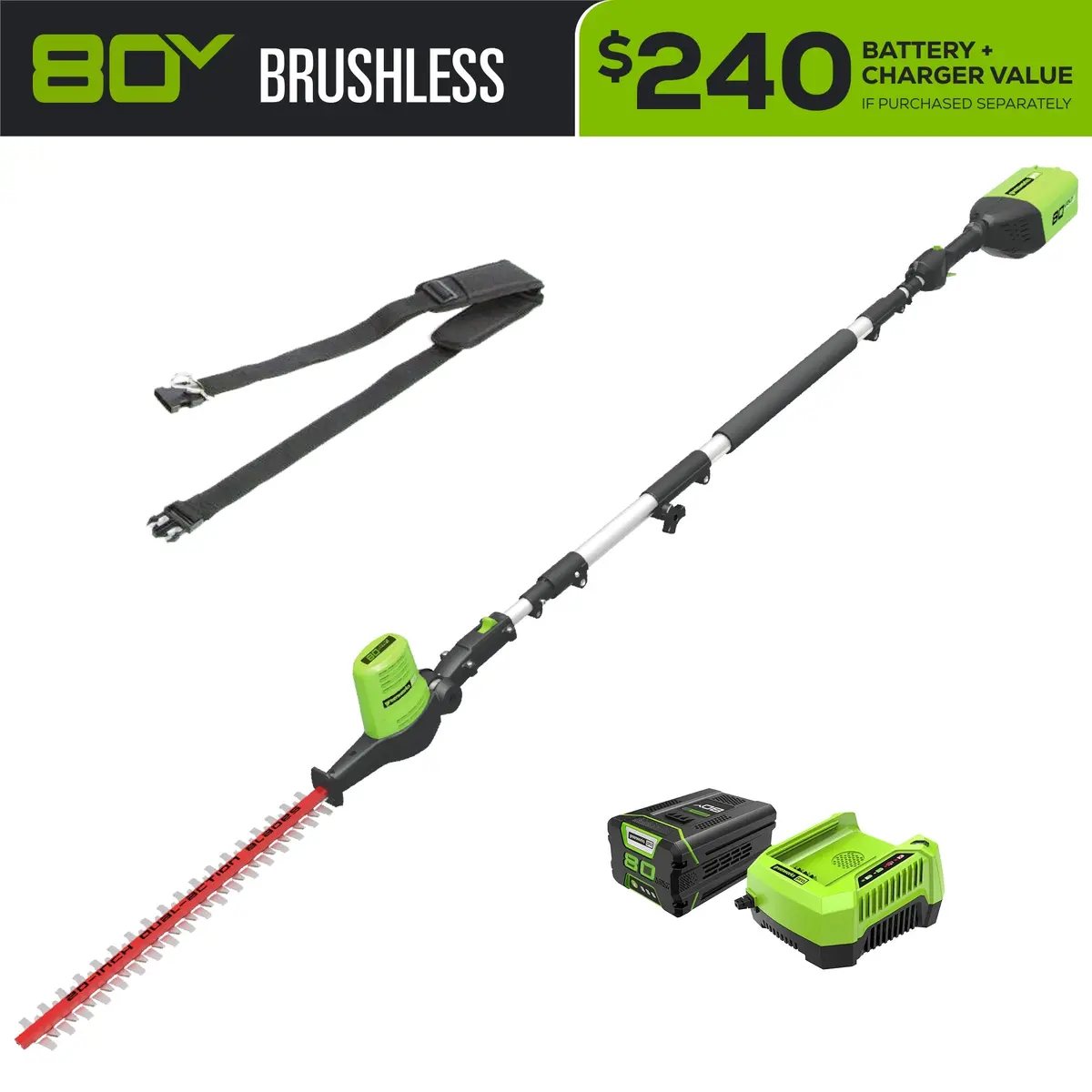 80V 20" Cordless Battery Pole Hedge Trimmer (3/4" Cut, 3000 Spm) W/ 2.0Ah Battery & Charger 1