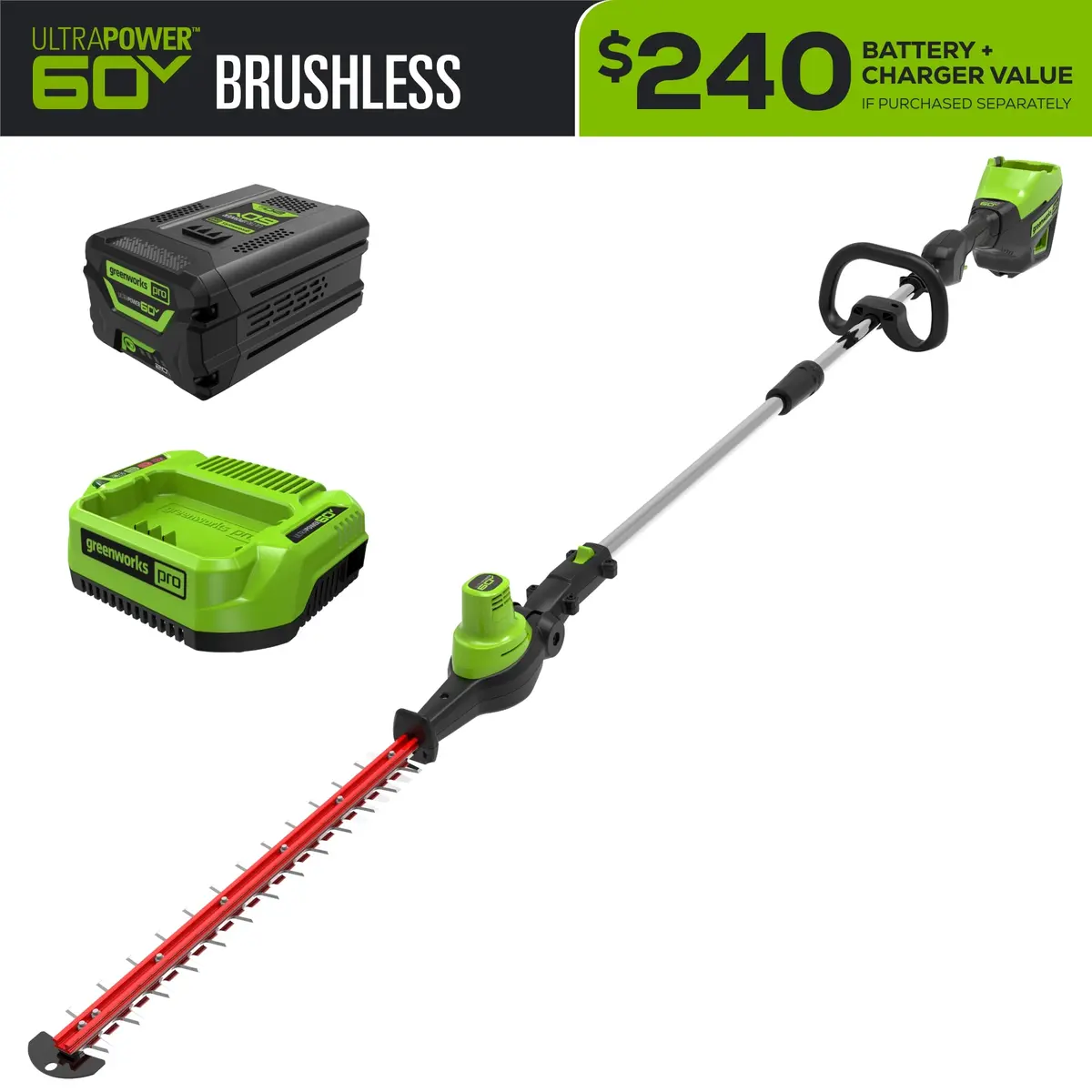 60V 20"  7-Position Cordless Battery Pole Hedge Trimmer W/ 2.0 Ah Battery & Charger 1