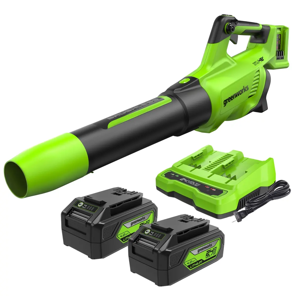 48V (24V X 2) 585 Cfm Cordless Battery Leaf Blower W/ (2) 4.0 Ah Usb Batteries & Dual Port Charger 1