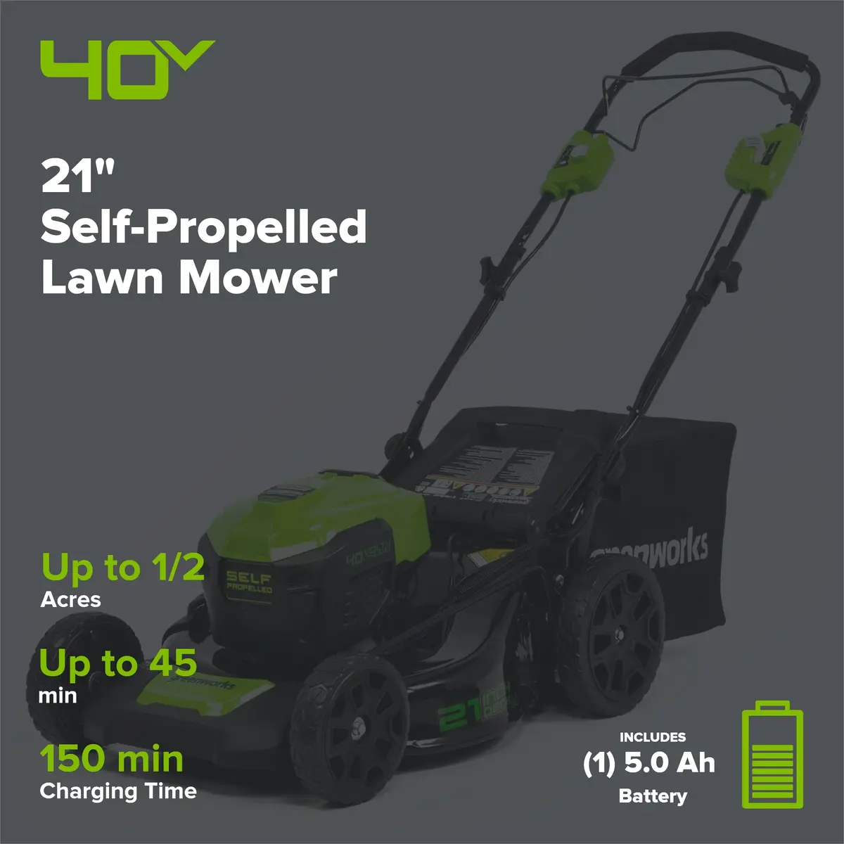 40V 21" Cordless Battery Self-Propelled Lawn Mower: 5.0 Ah Usb Battery And Charger 2