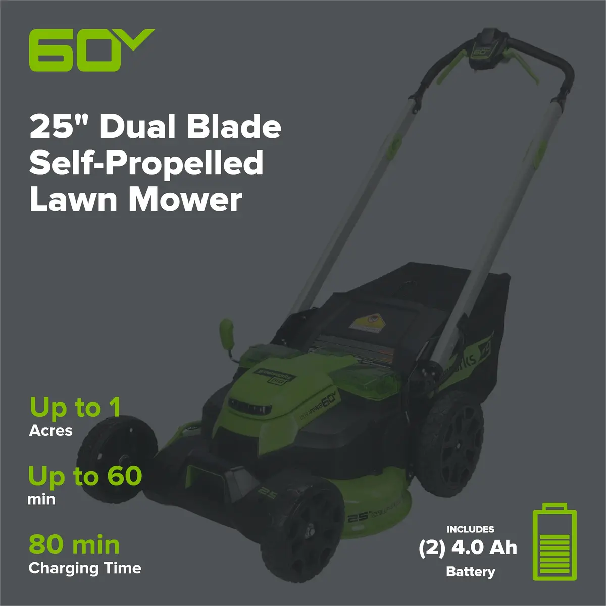 60V 25" Cordless Battery Dual Blade Self-Propelled Lawn Mower W/ Two (2) 4.0Ah Batteries & Dual-Port Charger 2