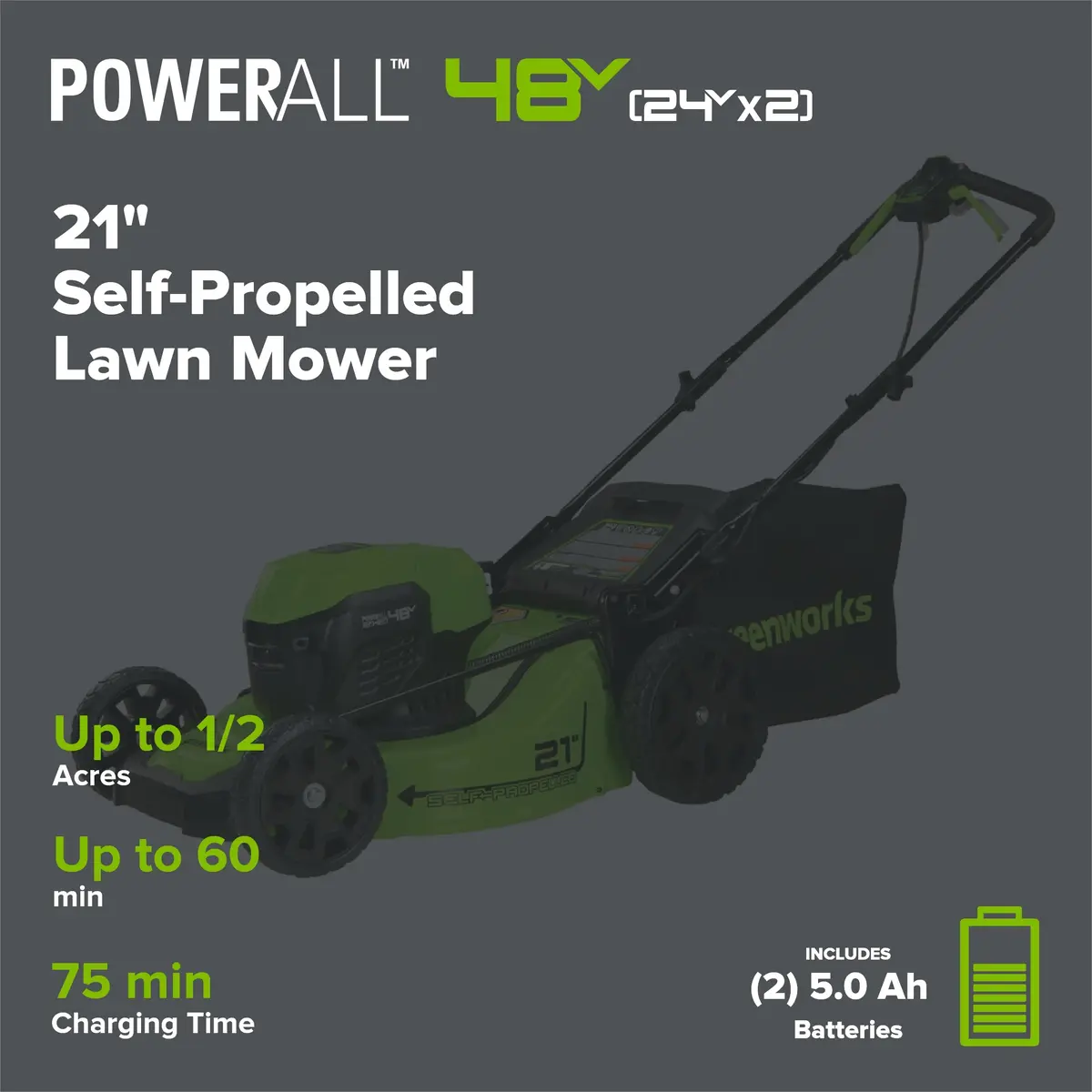 48V (24V X 2) 21" Cordless Battery Self-Propelled Mower 5Pc Combo Kit: (2) 5.0Ah Batteries And Chargers 2