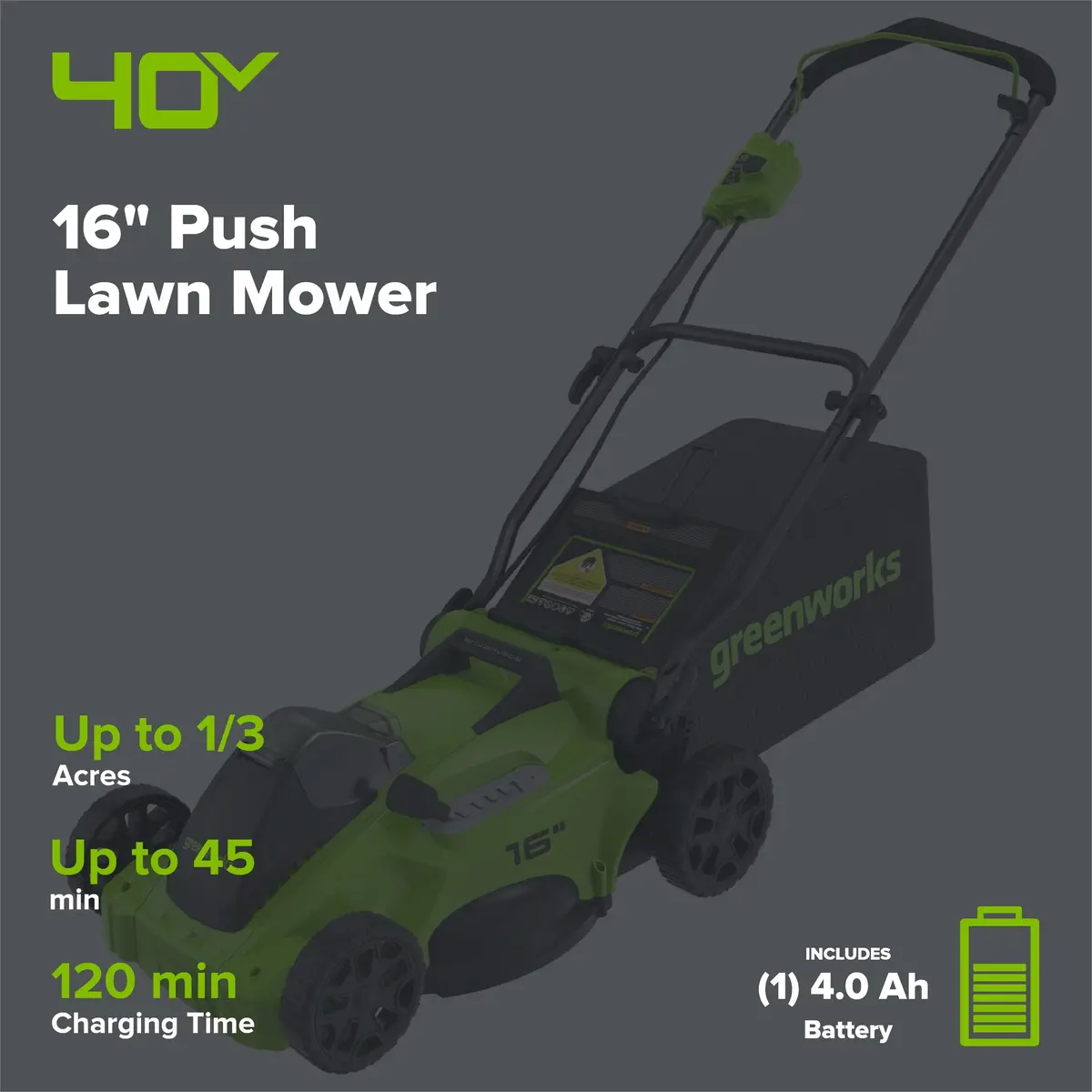 40V 16" Cordless Battery Brushless Push Lawn Mower: 4.0 Ah Battery And Charger 2