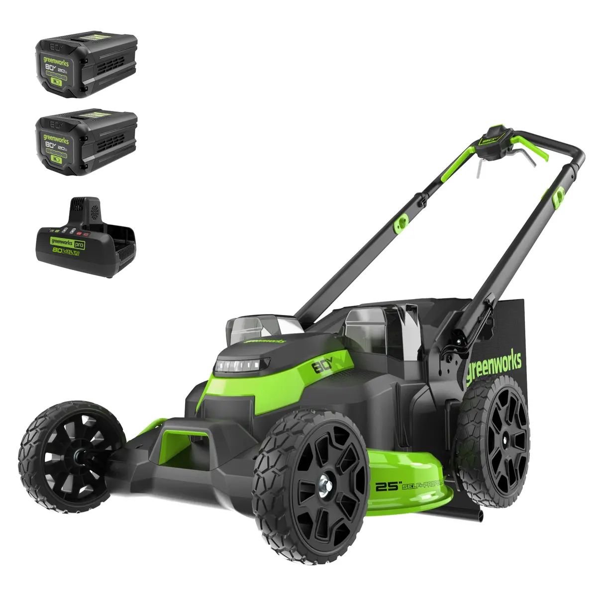 Open Box 80V 25" Cordless Battery Dual Blade Self-Propelled Mower: (2) 2.5 Ah Batteries And Dual-Port Charger 1