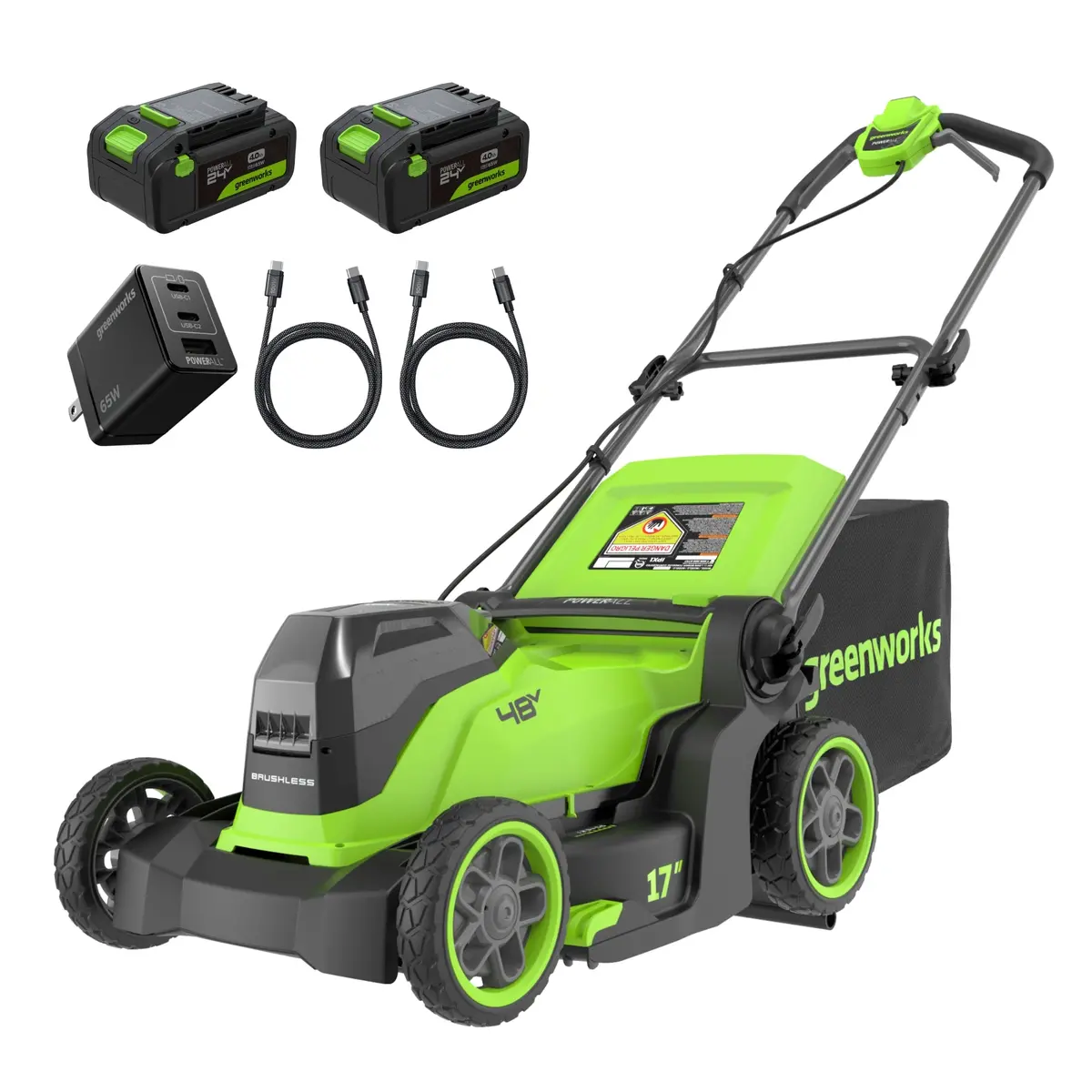 48V (24V X 2) 17" Cordless Battery Push Lawn Mower W/ Two (2) 4.0Ah Batteries, (1) 65W Type-C Charger & (2) 3-Ft Cables 1