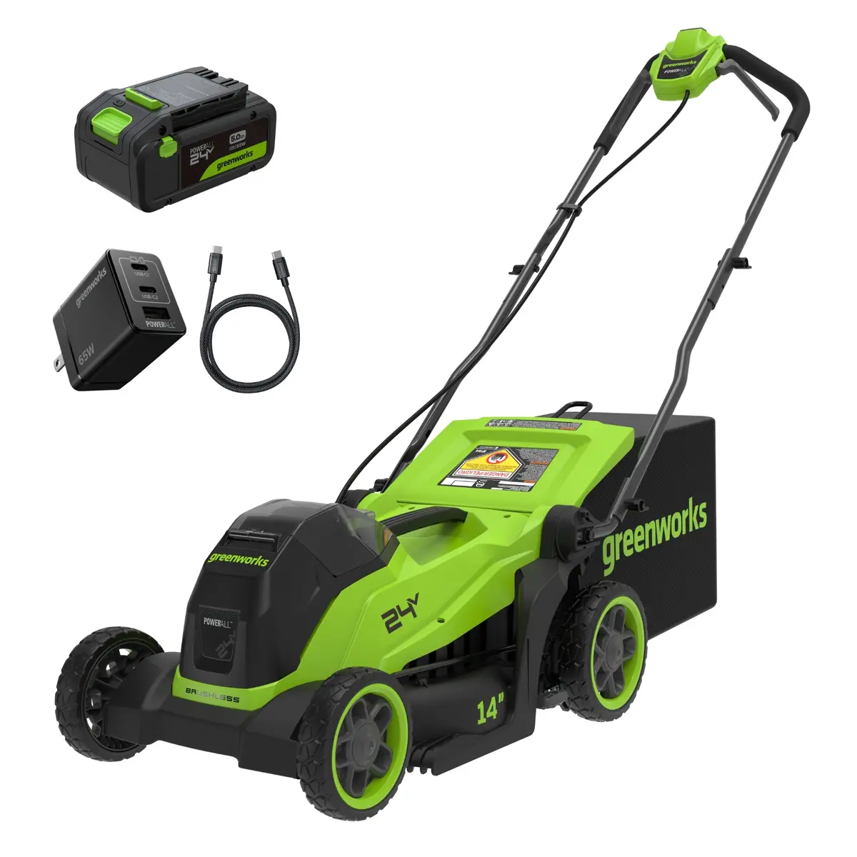 24V 14" Cordless Battery Brushless Push Lawn Mower W/ 5.0Ah Battery & 65W Type-C Charger (3-Ft Cable) 1