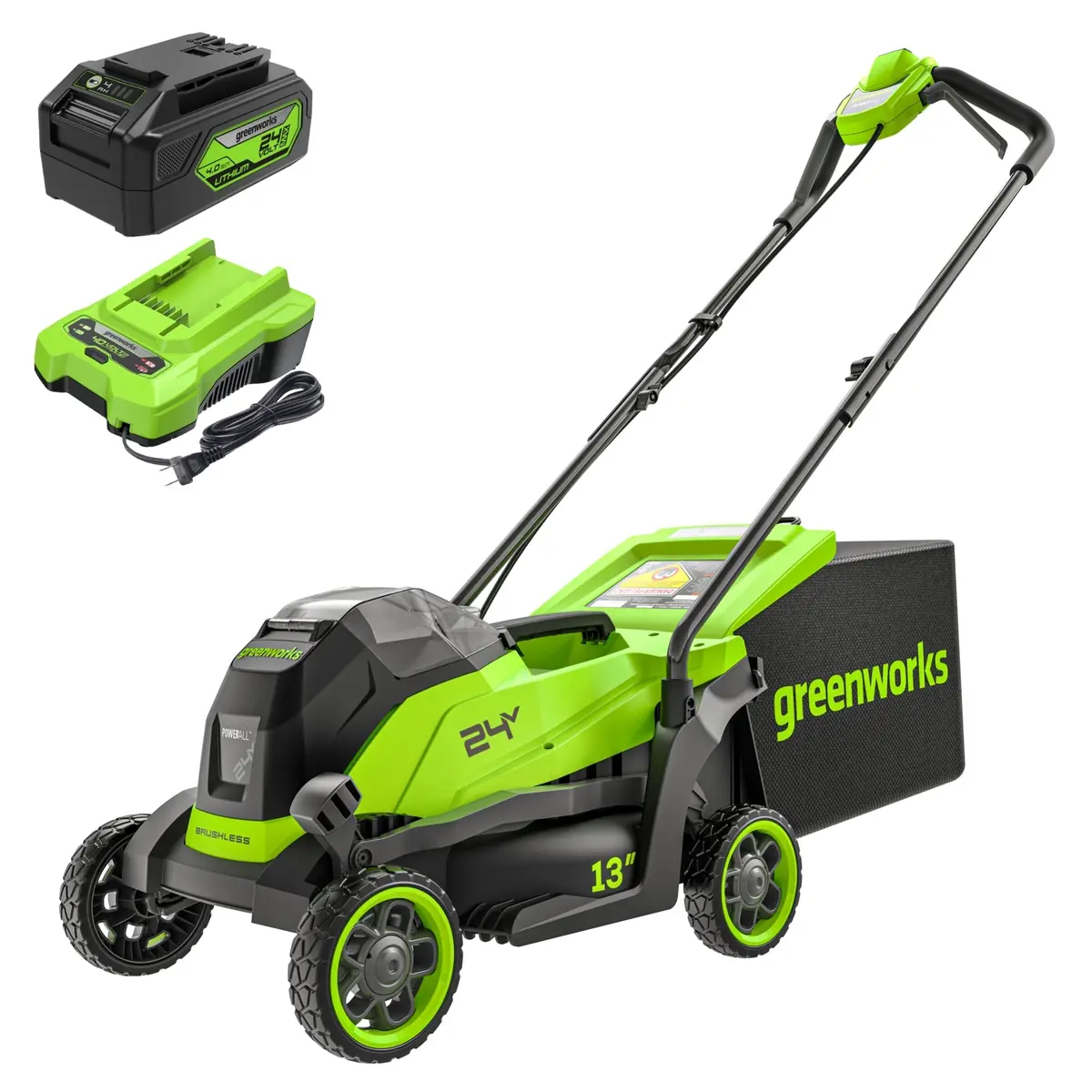 24V 13" Cordless Battery Brushless Push Lawn Mower: 4.0 Ah Battery And Charger 1