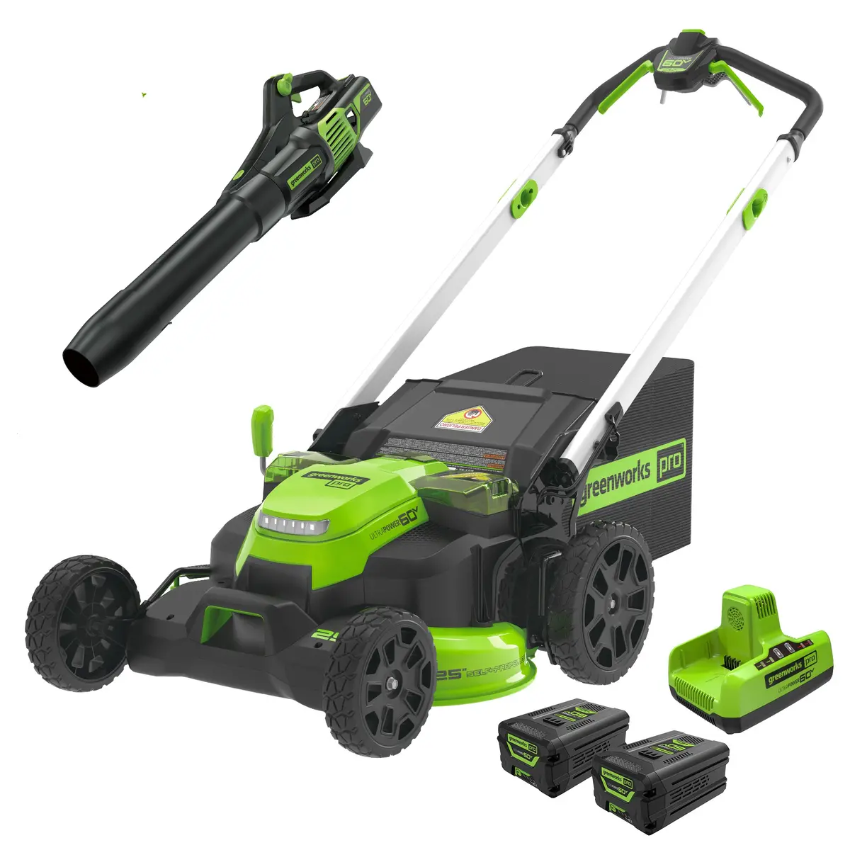 60V 25" Cordless Battery Self-Propelled Mower Combo Kit, Blower: (2) 4.0 Ah Batteries And Dual-Port Charger 1