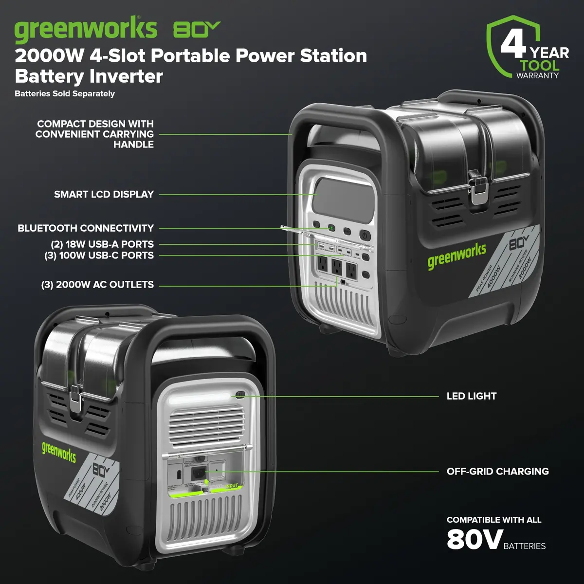 80V 2000W 4-Slot Inverter Portable Power Station (Tool Only) 2