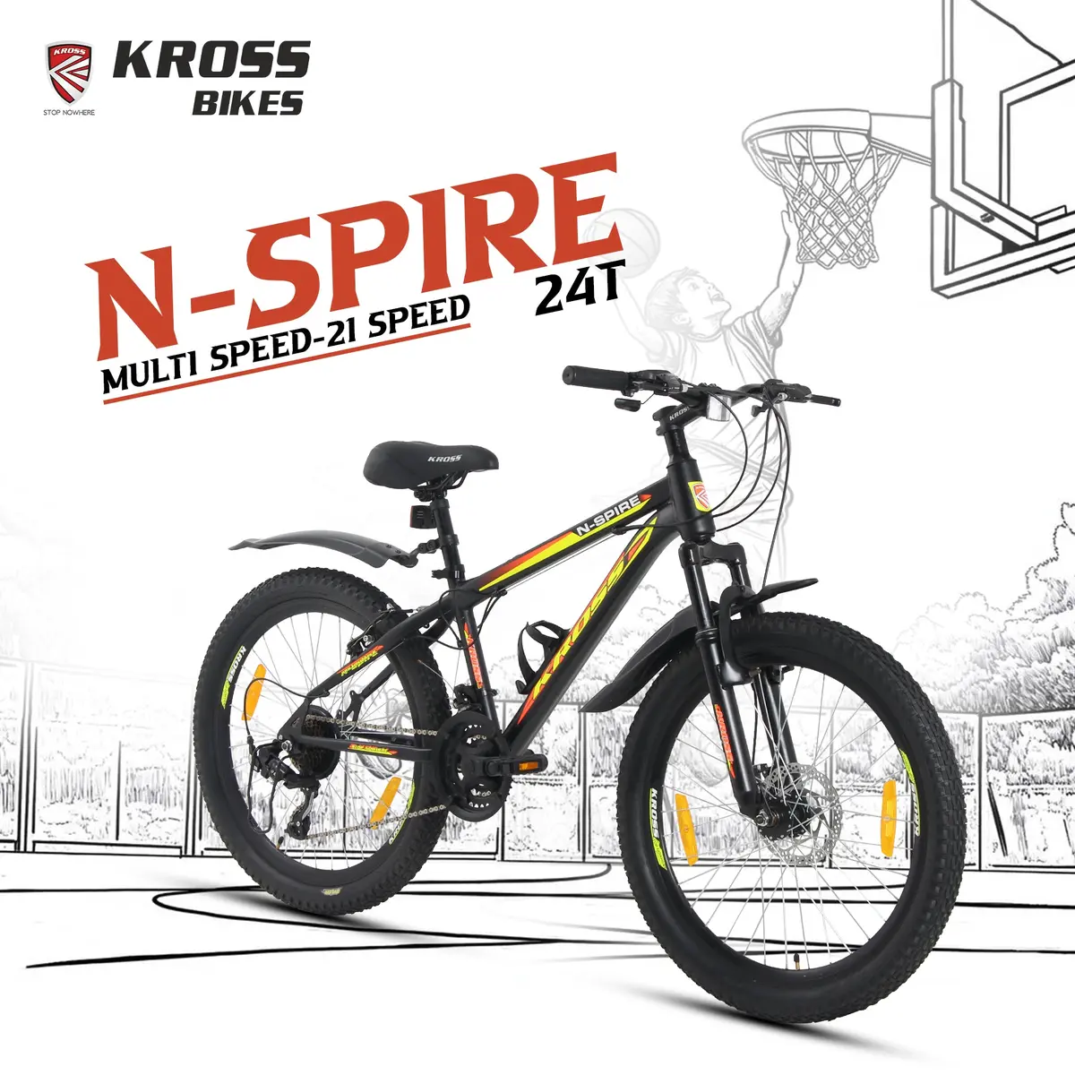 Kross N-Spire 24T 21-Speed Mountain Cycle With Suspension Fork & Disc Brake – Matte Black 1