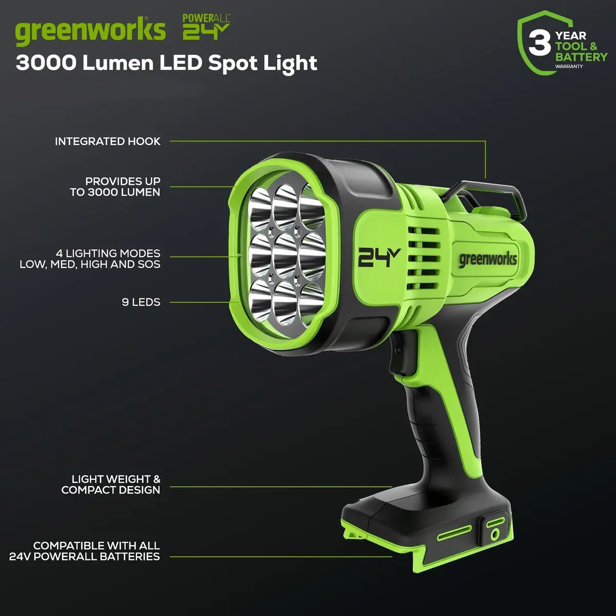 24V Cordless Battery Spot Light (Tool Only) 2