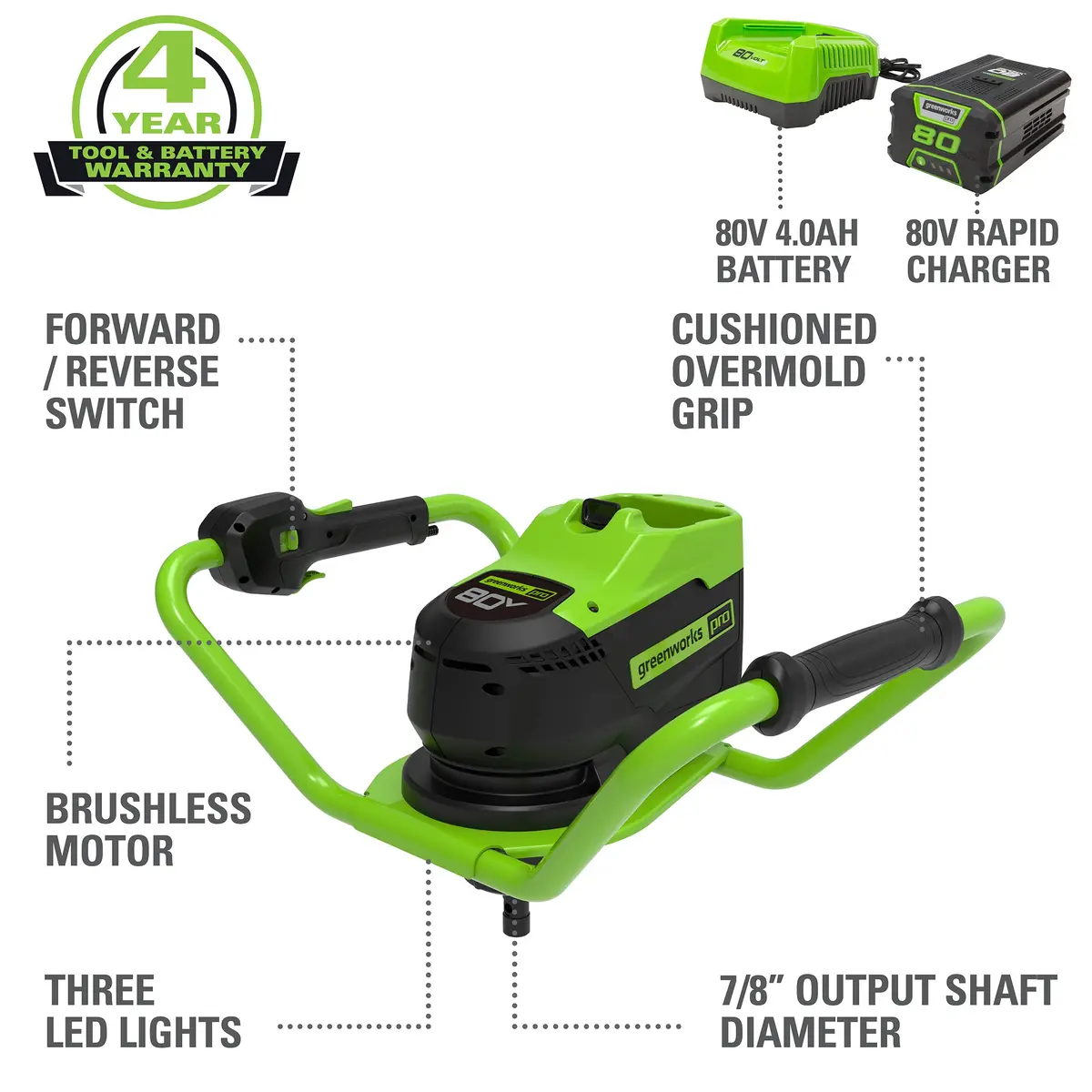 80V Cordless Battery Brushless Earth Auger / Post Hole Digger, 4Ah Battery And Charger 2