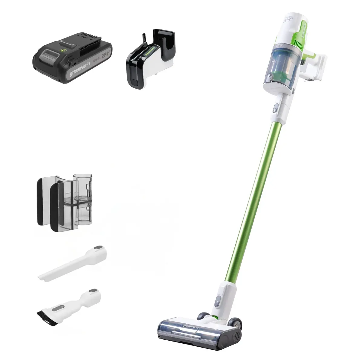 24V Cordless Battery Green Stick Vacuum: 4.0 Ah Battery And Compact Charger 1