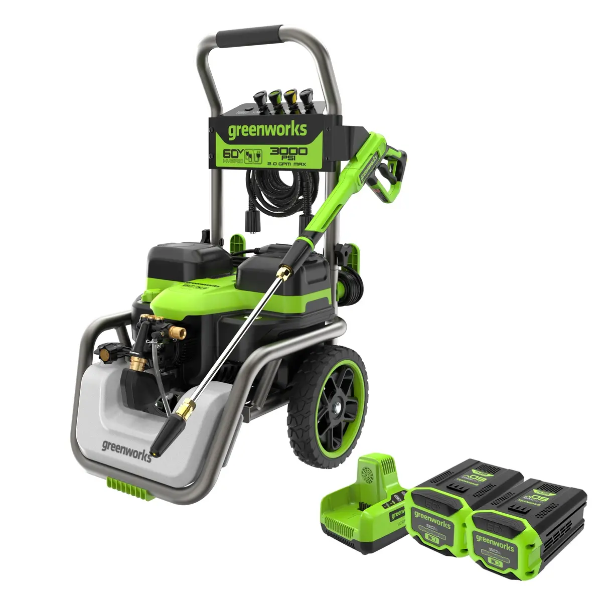 Corded/60V 3000-Psi 2.0 Gpm Electric Pressure Washer: (2) 5.0Ah Batteries And Dual-Port Charger 1
