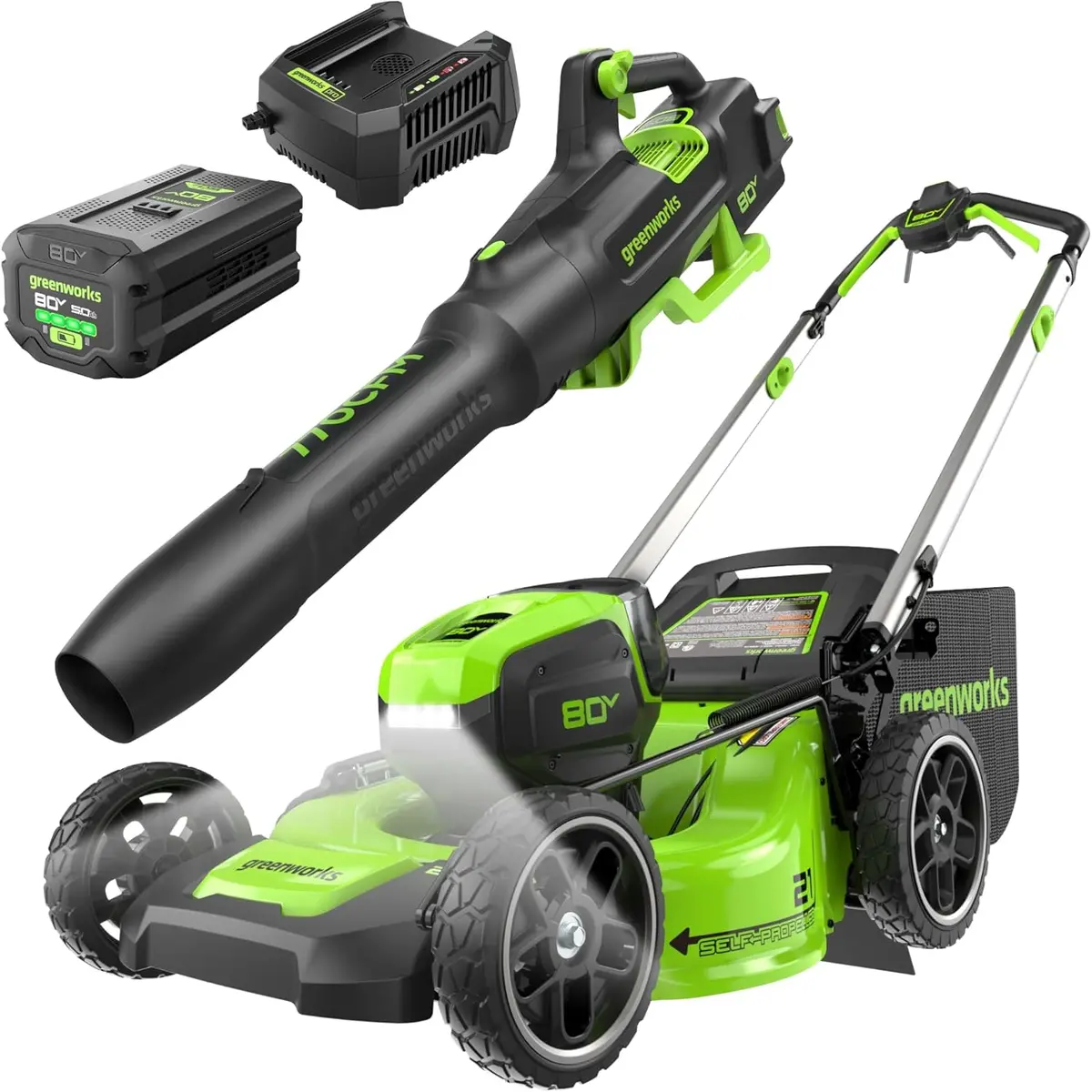 80V 21" Cordless Battery 4-In-1 Self-Propelled Lawn Mower And 700Cfm Blower Combo Kit: 5.0 Ah Battery And 6A Charger 1