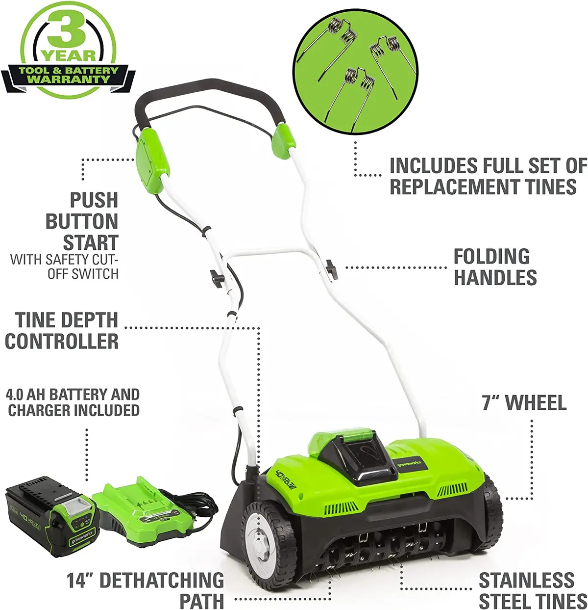 40V 14" Cordless Dethatcher: 4.0 Ah Battery And Charger 2