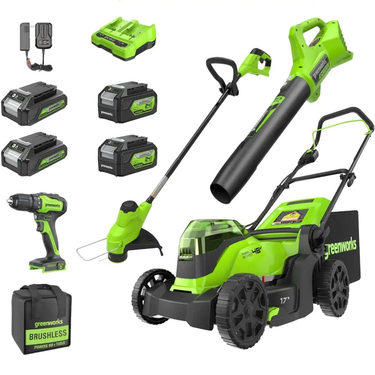 48V (24V X 2) 17" Lawn Mower 4-Pc Combo Kit: (2) 4.0 Ah Batteries And (2) 2.0 Ah Batteries And 2A Dual-Port Charger 1