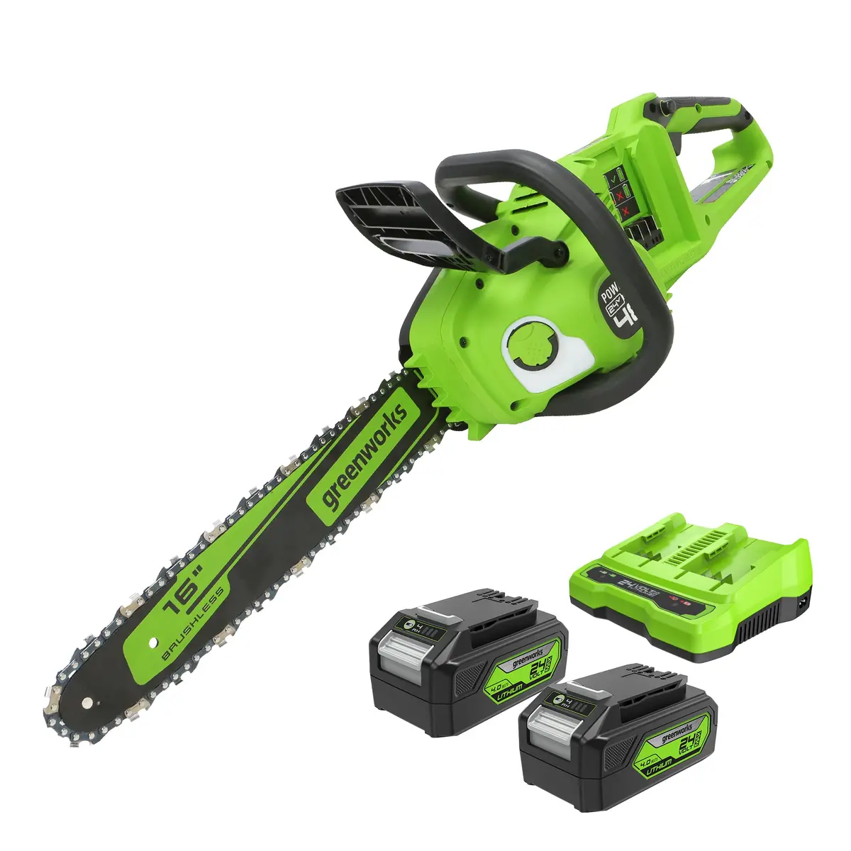 48V (24V X 2) 16" Cordless Battery Chainsaw: (2) 4.0 Ah Usb Batteries And Dual-Port Charger 1