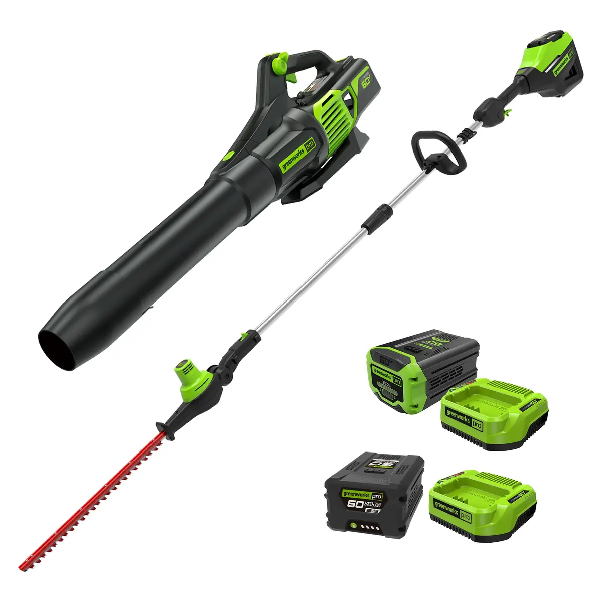 60V 20" Cordless Battery Pole Hedge Trimmer & 610 Cfm Leaf Blower Combo Kit W/ 2.0Ah & 2.5Ah Battery & (2) Chargers 1